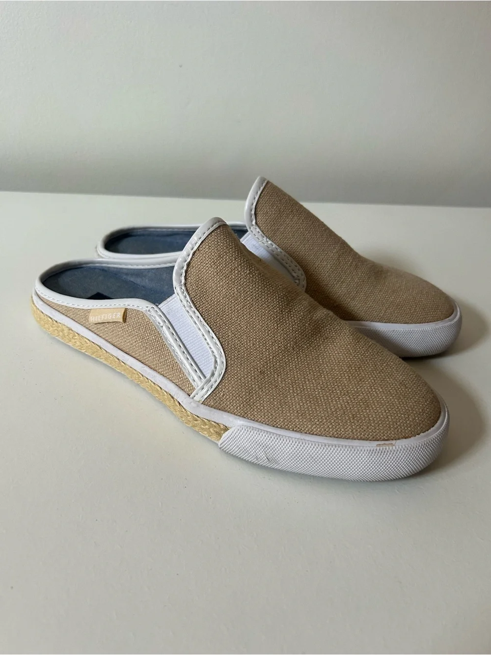 Tommy Hilfiger Tan Canvas Slip-On Mule with White Trim